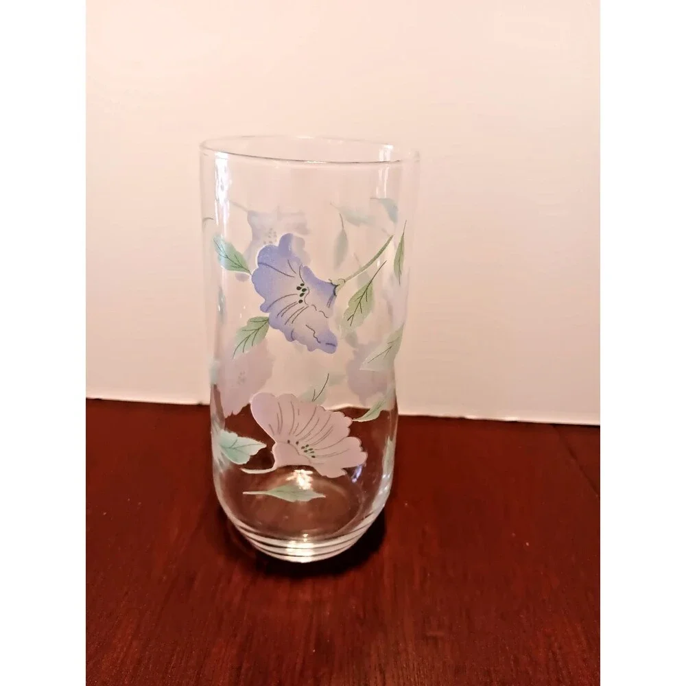 Vintage Set of 4 Floral 14 oz Drinking Glasses Blue Pink Flower Tumblers